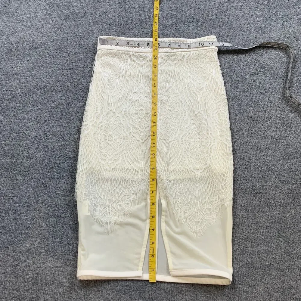 House of CB London Skirt Women XS Extra Small Ivory Lace Front Split Line Pencil